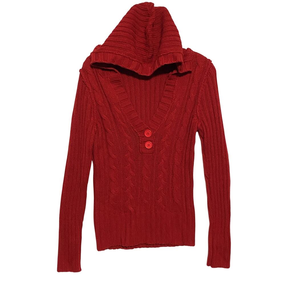 Charlotte Russe Henley Sweater Hoodie L Red V Neck Cable Knit 90s Y2K Fitted